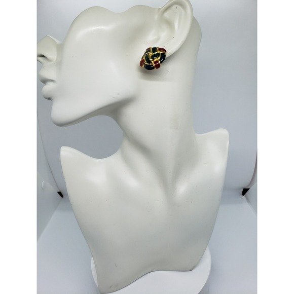 The Unbranded Brand Jewelry - Vintage Green Red Enameled Gold Tone Woven Style Round Stud Earrings Jewelry